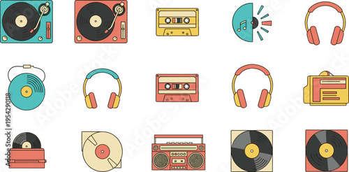 Retro Music Icons Set with Record Players, Cassette Tapes, Headphones, and Boombox