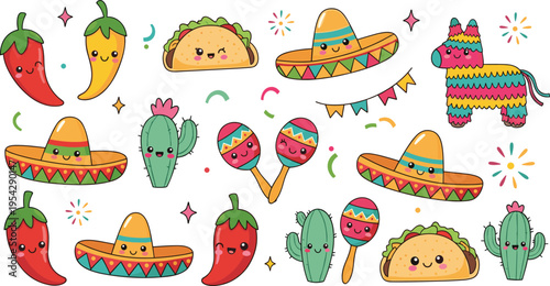 Colorful Mexican Fiesta Icons Set with Tacos, Chili Peppers, Cacti, and Maracas