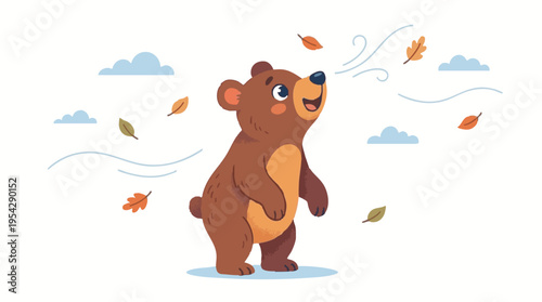 Bear Cub Enjoying the Fresh Autumn Air with Falling Leaves and Clouds