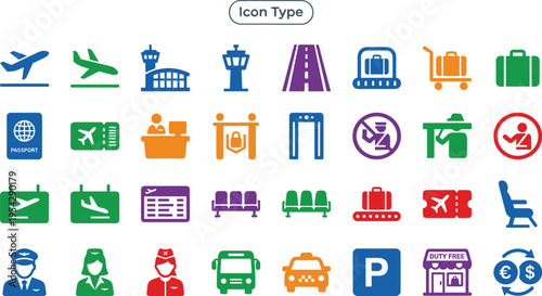 Dynamic airport and travel vector icons a visual toolkit for global journeys, aviation services, and informational graphics, ideal for UI/UX design