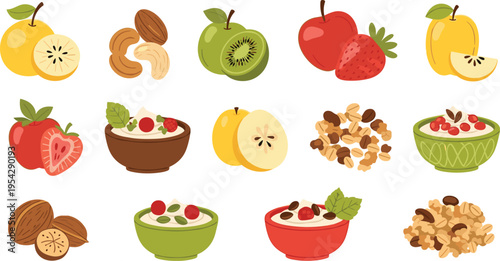 Healthy Fruits and Nuts with Yogurt Bowls Collection Featuring Apples, Kiwis, and Cashews