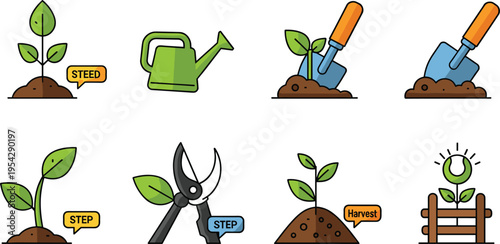 Gardening and Plant Growth Icons Set with Seed Planting Watering Pruning Harvest and Garden Tools Vector Illustration for Agriculture and Nature Design