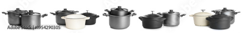 Set of cooking pots on whit...