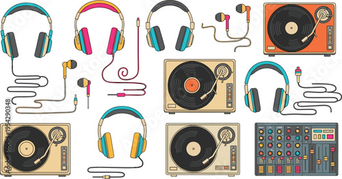 Colorful Music and Audio Equipment Set with Headphones, Turntables, and Sound Mixers