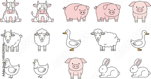 Cute farm animals outline collection with cow pig sheep duck chicken rabbit simple line cartoon vector illustration set isolated on white background