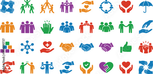Vibrant Social Responsibility Icons Set Illustrating Community Support, Partnership, Charity, and Teamwork Concepts, Representing Care and Collaboration