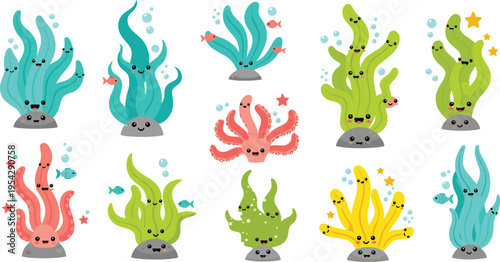 Cute kawaii underwater seaweed and coral characters collection with octopus fish bubbles ocean cartoon vector illustration set isolated on white background