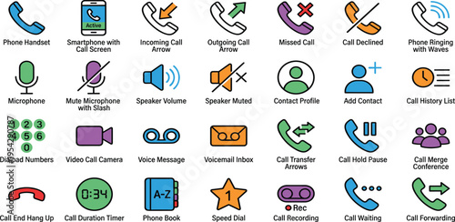 A comprehensive collection of mobile communication and calling interface icons