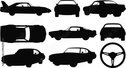 Classic Cars and Steering Wheel Components in Black Silhouette Style