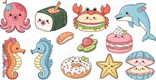Cute kawaii sea animals and food characters collection with octopus crab dolphin sushi donut macaron cartoon vector illustration set isolated on white background