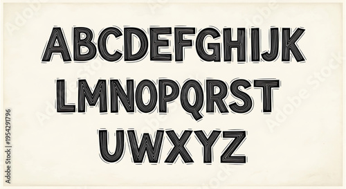 A vector graphic illustration of a bold, black alphabet set on a beige background