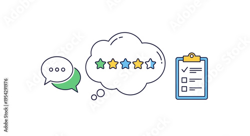 Customer feedback and review illustration with speech bubbles, star ratings, and a checklist