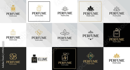 Collection of perfume brand logos and icons.