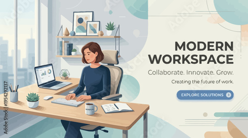 Envisioning the future of work with a focused professional in a minimalist digital workspace promoting collaboration and growth
