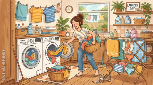 Woman cheerfully doing laundry on a bright sunny day, with clothes drying outside on a line
