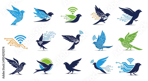 Collection of flying bird icons with various digital elements.
