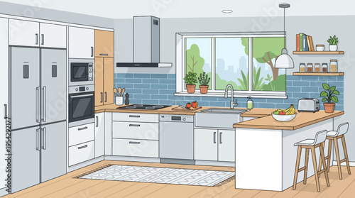 Cozy and Modern Kitchen Interior with Island and Window View