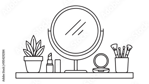 Round Mirror With Skincare Products Shelf Icon Representing Beauty Routine Setup Cosmetic Display And Personal Care Branding For Retail And E Commerce Platforms