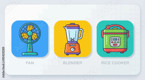 Essential Household Appliances Icon Set A vibrant collection of flat design illustrations for electric fans, blenders, and rice cookers, perfect for home and kitchen themes