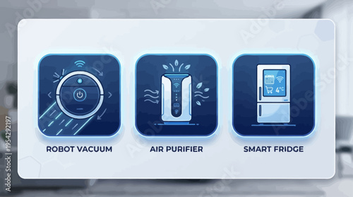 Illustrative concept of advanced smart home devices, showcasing an autonomous robot vacuum, an efficient air purifier, and a smart refrigerator for modern convenience