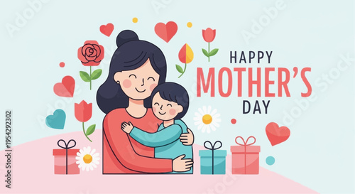 Mother's Day Illustration: A tender embrace of mother and child, surrounded by floral elements and gift boxes, conveying love and appreciation for motherhood.