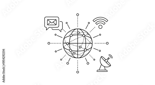 Global Communication Network Concept with Connected Technology Icons - Outline Illustration of Worldwide Digital Connectivity