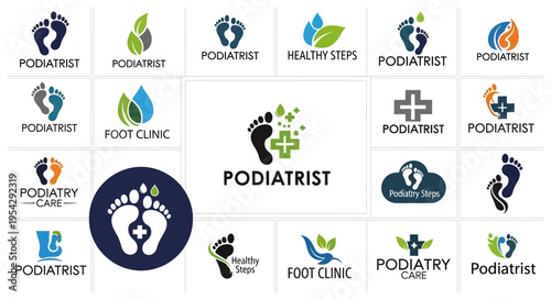 Collection of podiatrist and foot care logos.