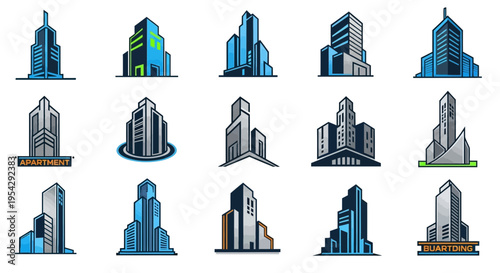 Collection of various city skyscraper icons.