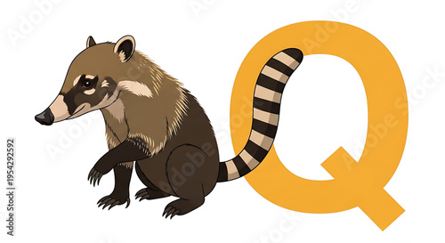 A cartoon raccoon sitting next to a large yellow letter Q in a modern vector graphic design