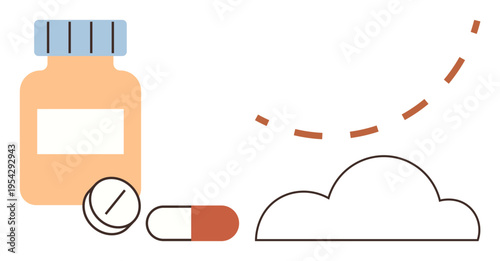 Digital health, telemedicine, drug prescriptions, online pharmacy, remote healthcare, wellness innovation. Pill bottle, capsules and cloud icon with dashed lines. Digital health and telemedicine