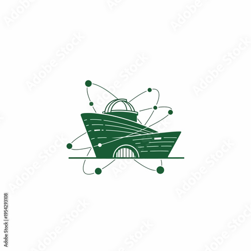 Green stylized ship with orbiting electrons, symbolizing scientific research and exploration