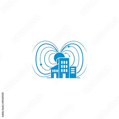 Abstract concept of magnetic field lines encircling a modern city skyline under a radiant sun, symbolizing technological advancement and solar energy exploration