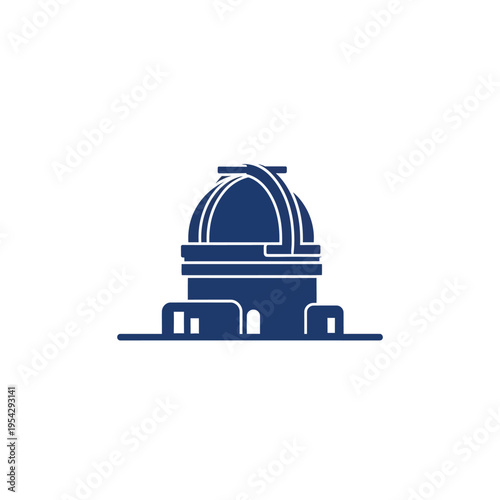 Minimalist dark blue icon of an astronomical observatory building, symbolizing space research, celestial observation, and scientific discovery for cosmic understanding