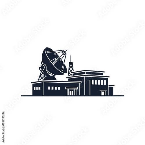 A simple dark blue outline illustration of a research facility with a large satellite dish
