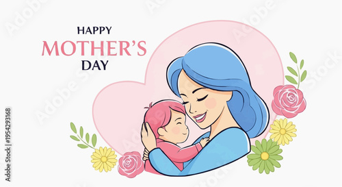 Mother's Day Illustration: A tender illustration celebrating Mother's Day, featuring a mother embracing her child with love and affection, surrounded by floral elements.