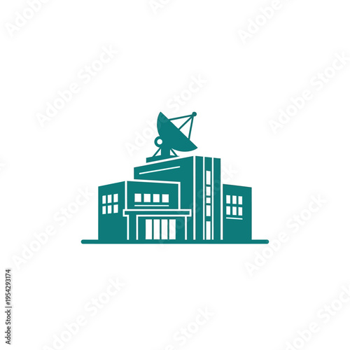 Modern Communication Center with Satellite Dish Icon for Global Broadcasting and Data Transmission Facilities, Telecommunication Technology Symbol