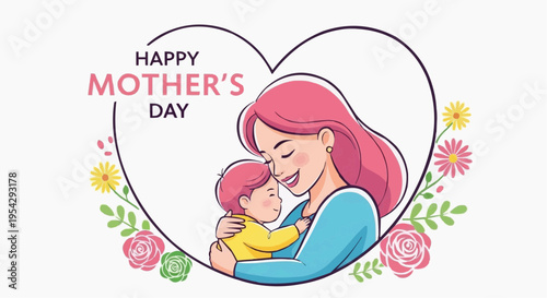 A Mother's Embrace: Tender moment captured in an illustration of a mother and child celebrating Mother's Day, framed by a heart and floral wreath, filled with love and affection.