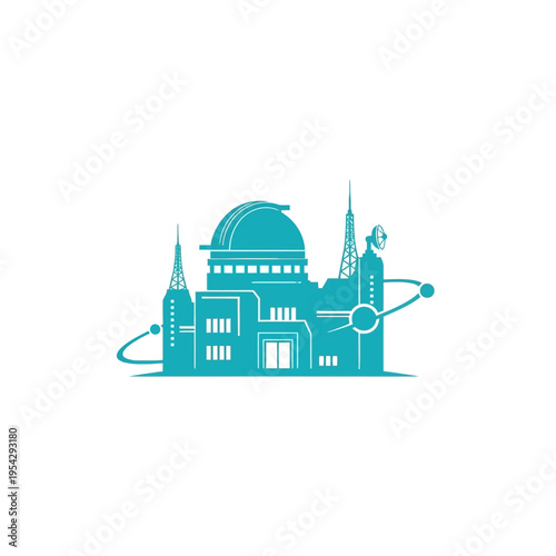 Clean, modern blue silhouette of a futuristic observatory building with satellite orbit graphic