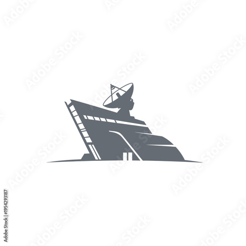 Sleek maritime vessel logo featuring a prominent satellite dish, symbolizing advanced communication, navigation, and data tracking capabilities at sea