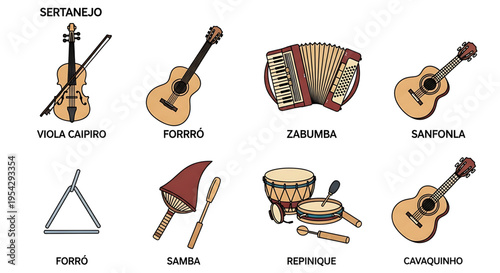 A colorful vector graphic illustration of various traditional Brazilian musical instruments.