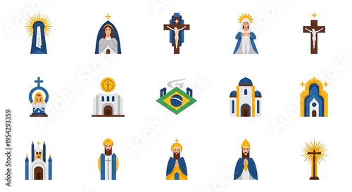 A collection of vibrant religious icons and symbols in a flat vector graphic design