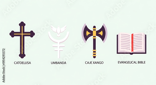 A set of four religious symbols icons including a cross, umbanda, axe, and bible in a flat minimal design style.