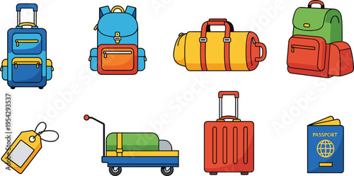 Travel Luggage and Bags Icons Set with Suitcase Backpack Duffel Bag Trolley Passport and Tag Vector Illustration for Tourism Packing and Trip Preparation Design