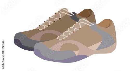 Hiking sneaker shoe flat pair. Comfortable hiking footwear for long walk, vacation, everyday style for man woman unisex. Technical fashion illustration, CAD mockup, soft vector isolated modern style.