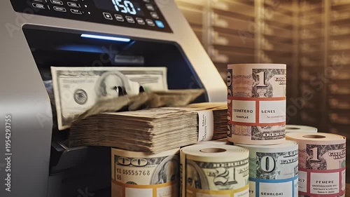 Counting Machine Processes Stacked Dollar Bills Indoors Warm Lighting