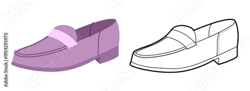 Purple penny loafer shoe women flat plus line set. Strap detail casual dress footwear for fashion catalog branding project. Technical fashion illustration CAD mockup mixed vector man unisex isolated