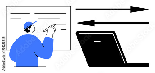Remote communication, digital collaboration, virtual learning, online education, technology connection, business training. Person writing on board with laptop nearby. Remote communication and digital