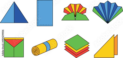 Paper Folding Origami Icons Set with Basic Shapes Triangles Sheets Layers and Craft Folds Vector Illustration for Education DIY and Creative Design Projects