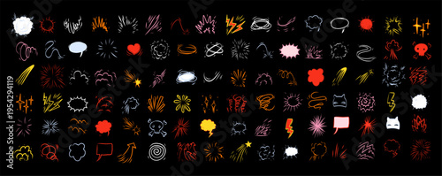 Color comic effect manga elements set on black background. Vibrant neon blasts, rockets, starbursts and speech bubbles for dynamic game art, streaming thumbnails and powerful retro superhero posters.
