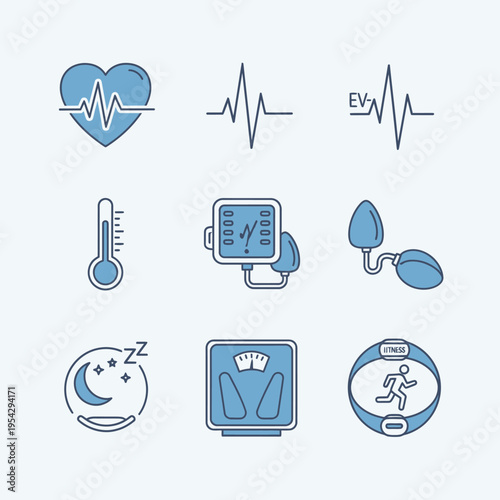 Health Monitoring Icons Set for Medical and Fitness Tracking.